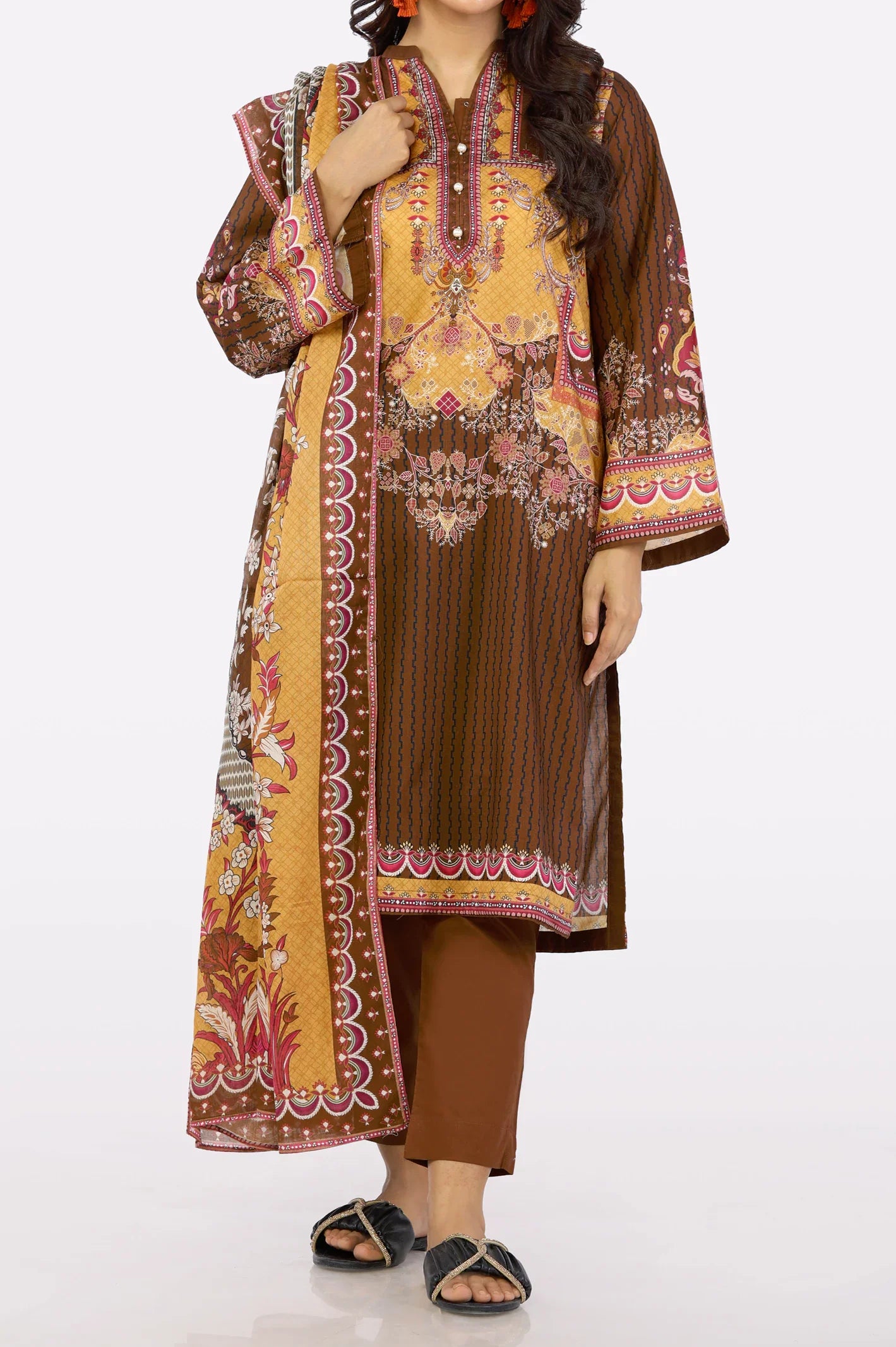 Brown 3PC Printed Ready To Wear Suit