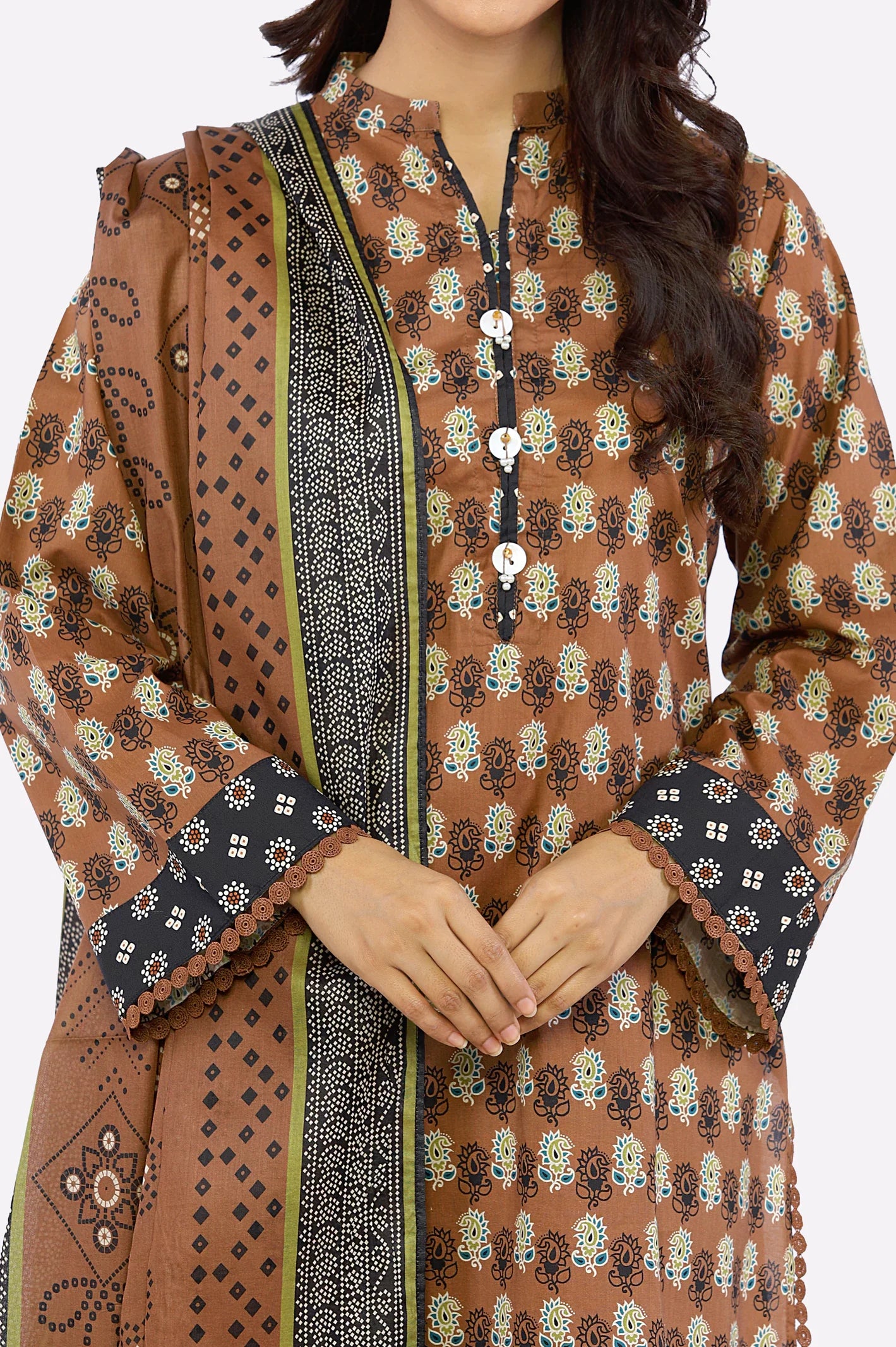 3PC Printed Ready To Wear Brown Suit