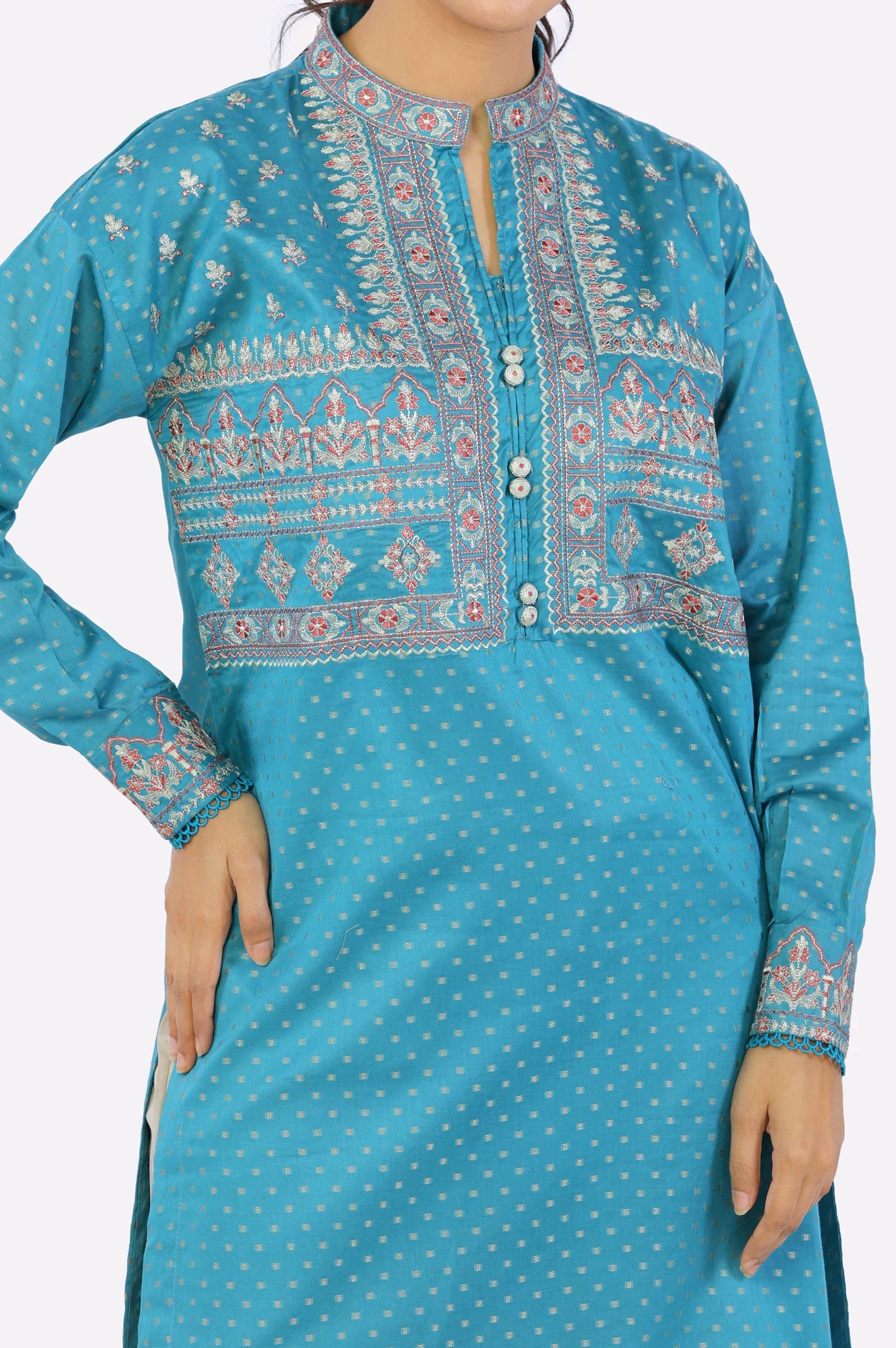 Womens Embroidered Ready To Wear Teal Kurti