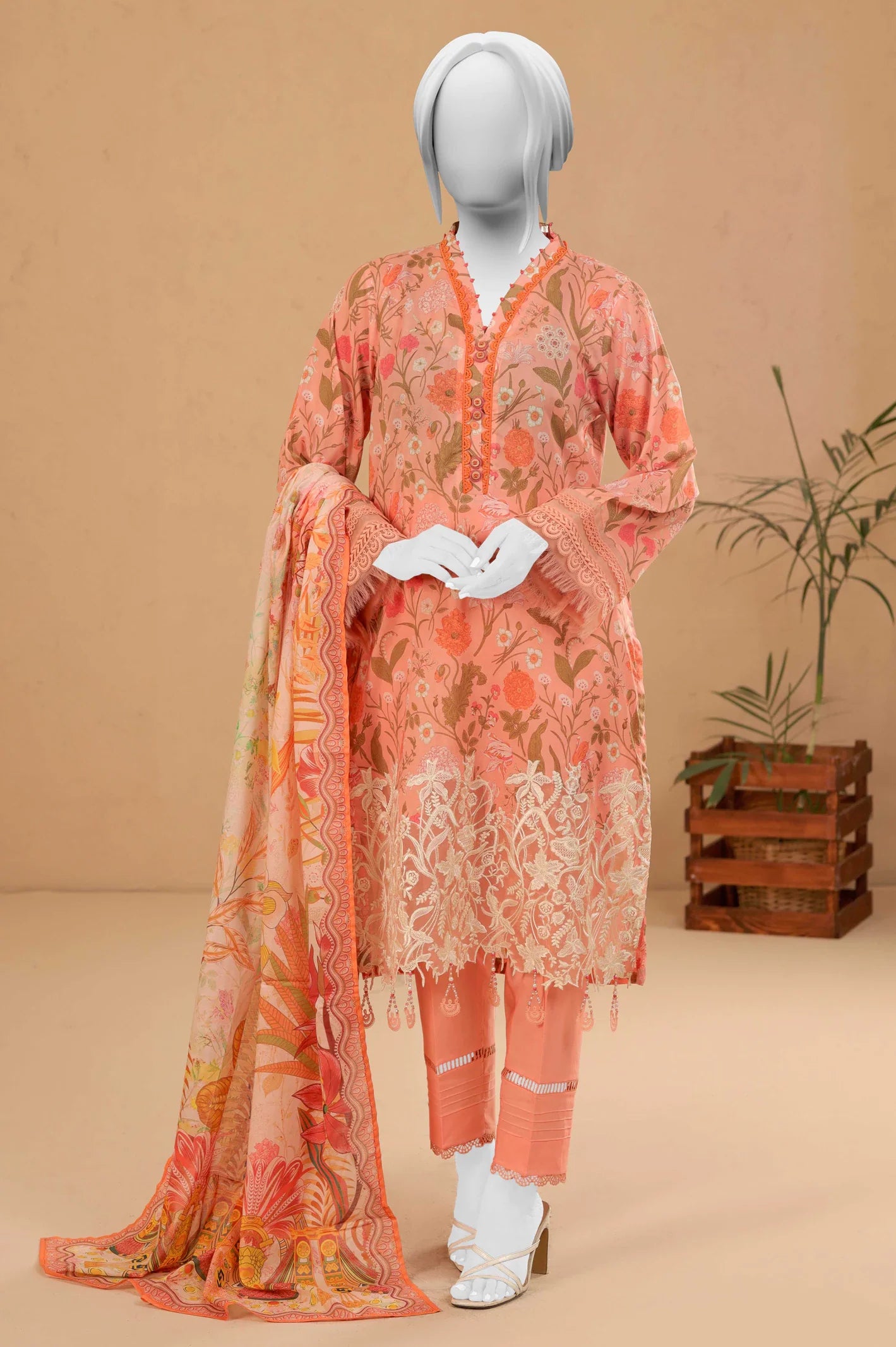 Peach 3PC Unstitched Printed Suit for Women Peach 3PC Unstitched Printed Suit for Women