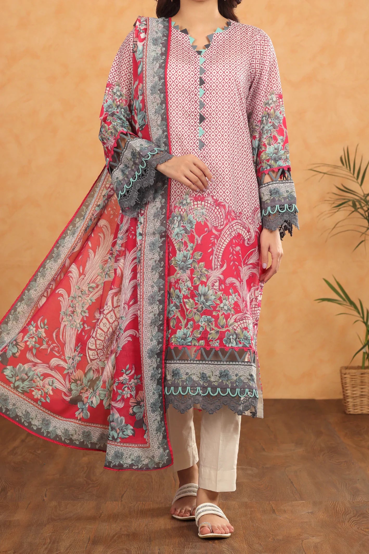 3PC Unstitched Pink Printed Suit