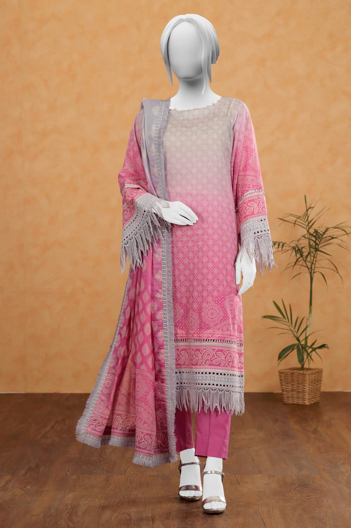 Pink Printed 3PC Unstitched Suit