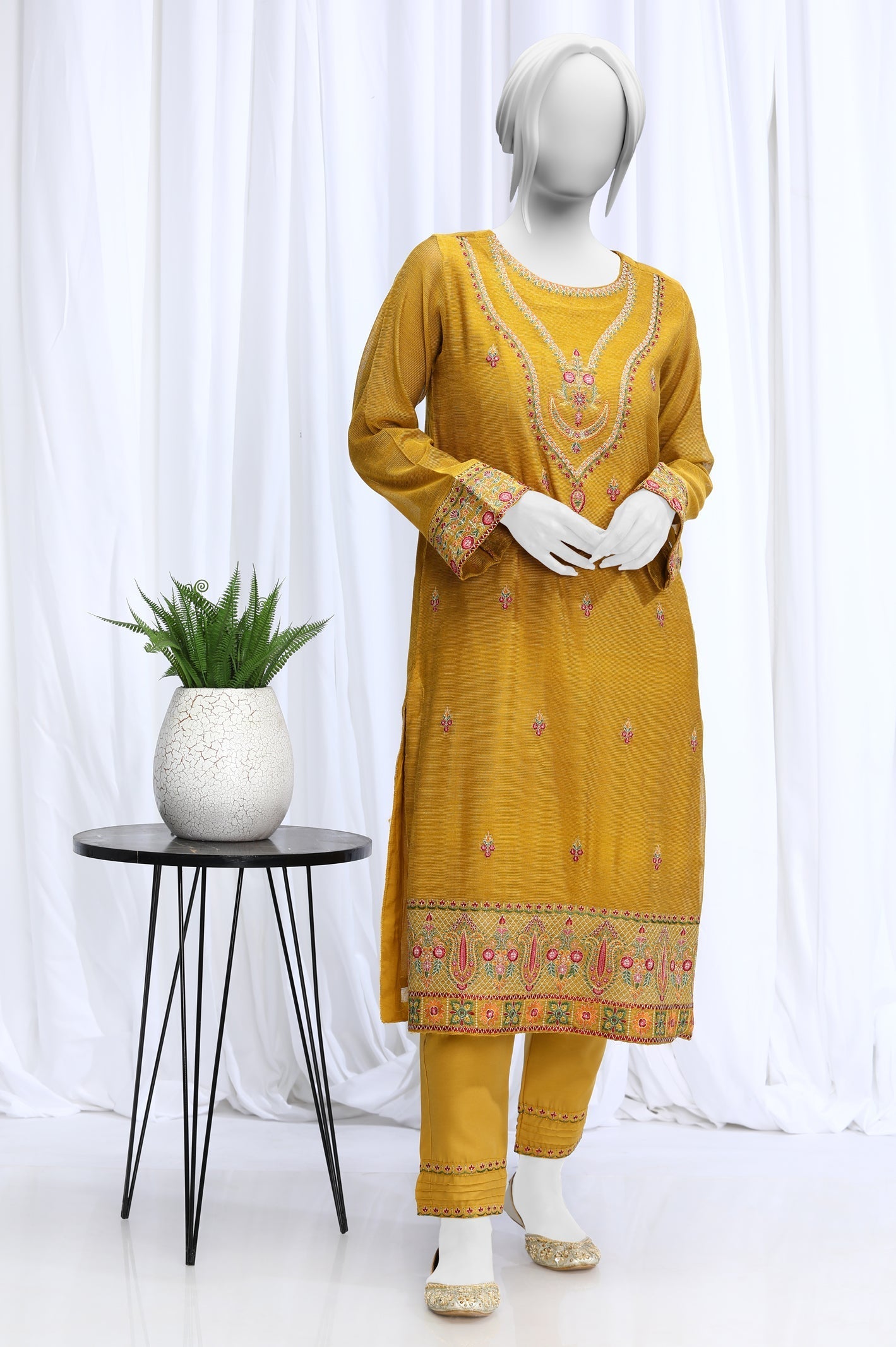 2PC Embroidered Mustard Suit - Diners