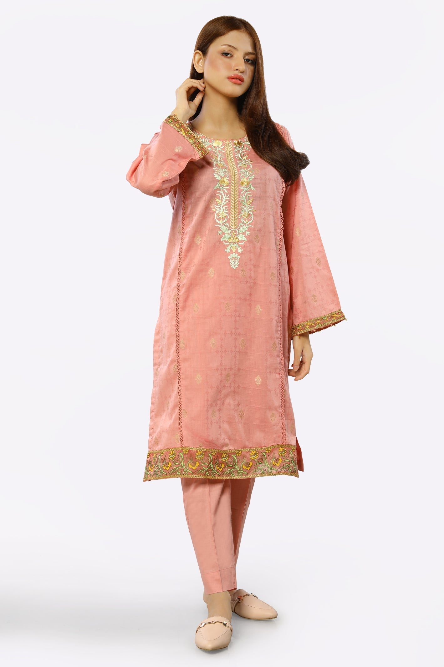 2PC Embroidered Peach Suit - Diners