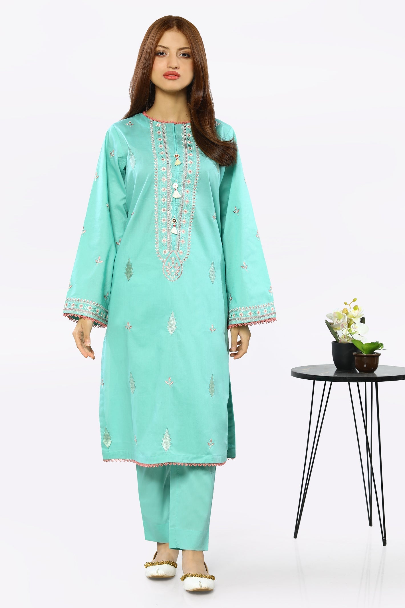2PC Embroidered Sea Green Suit - Diners