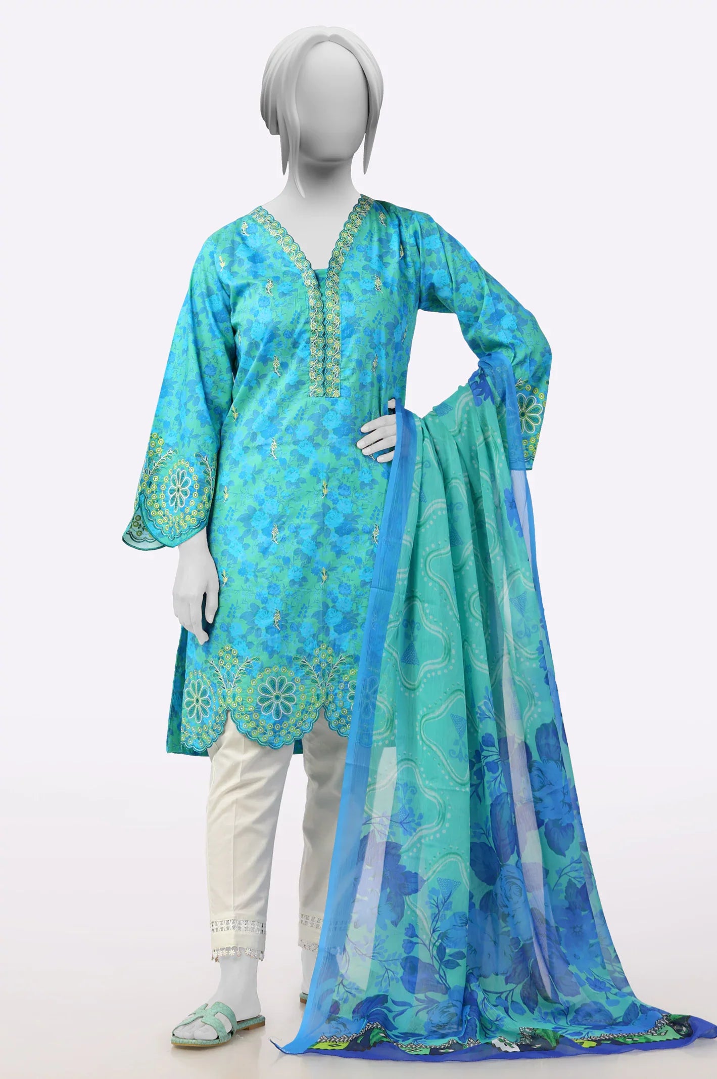 Blue Ready To Wear Embroidered Kurti with Dupatta