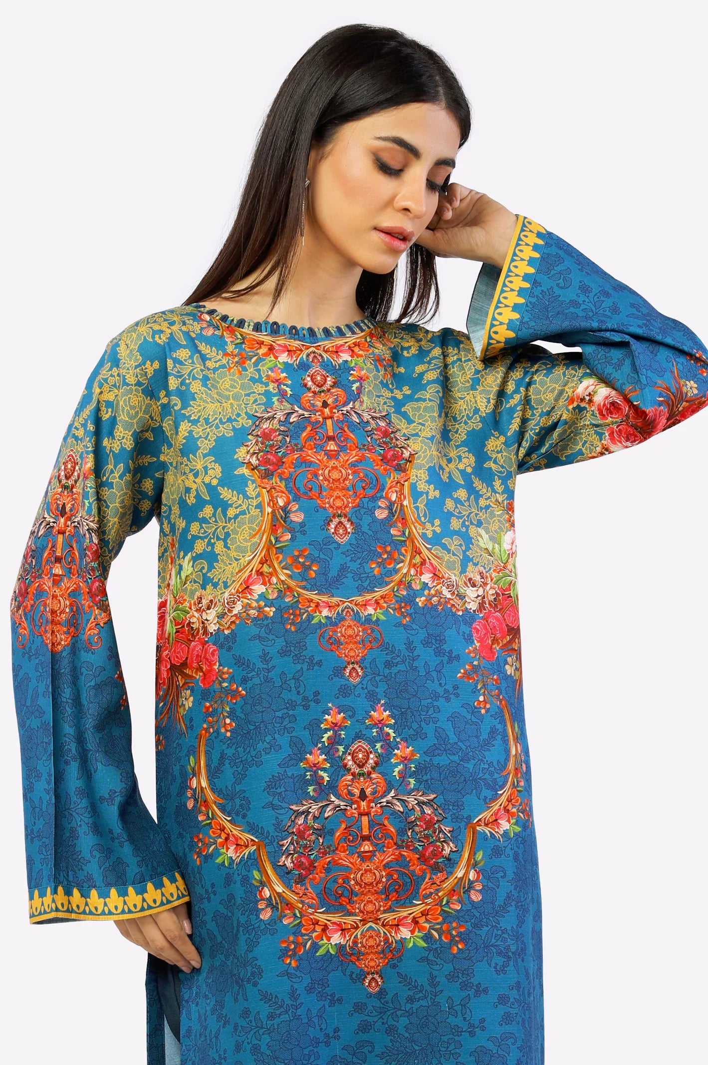 Teal Khaddar Printed 2PC Suit From Sohaye By Diners