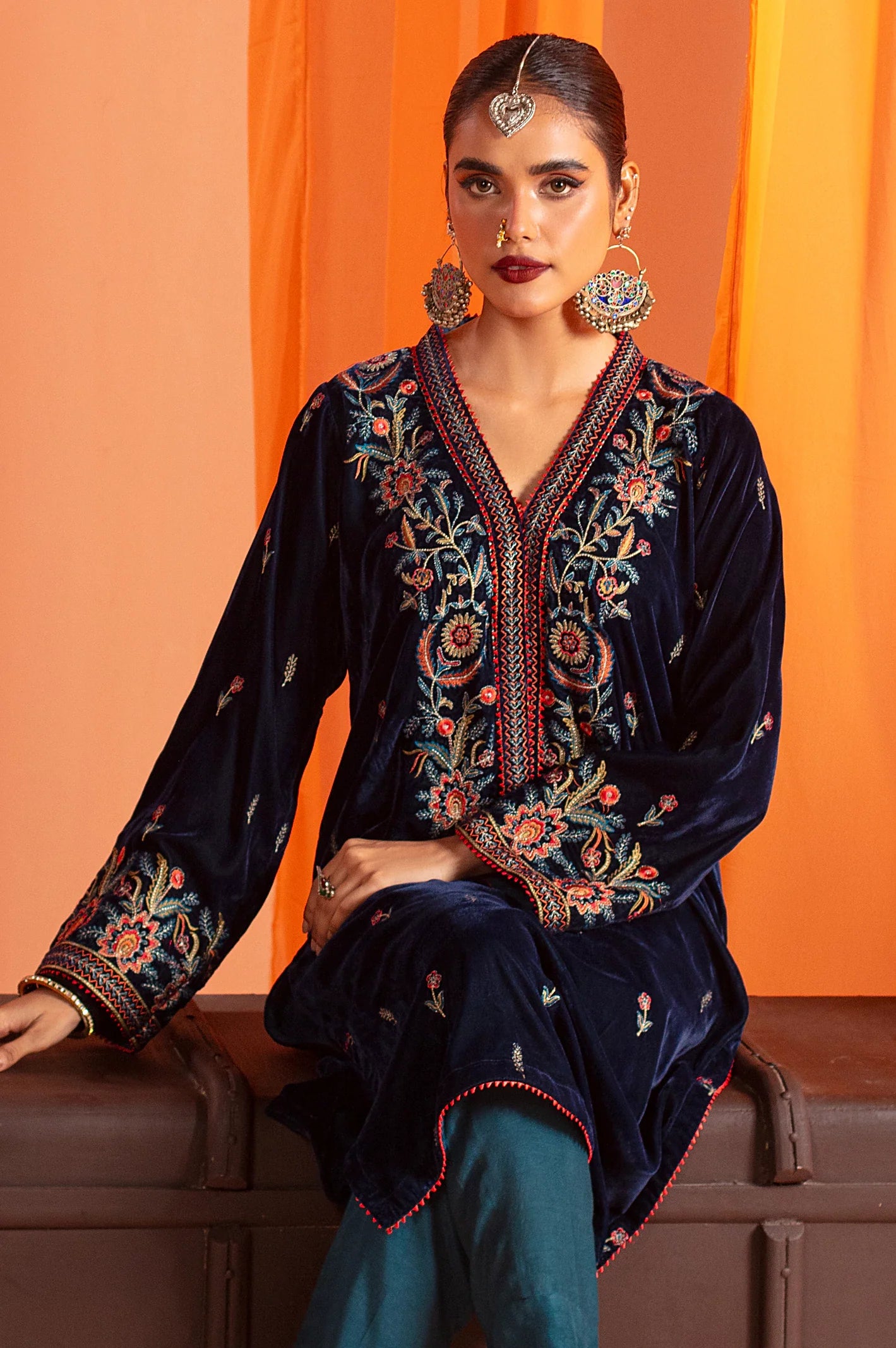 Teal Embroidered Kurti From Sohaye By Diners