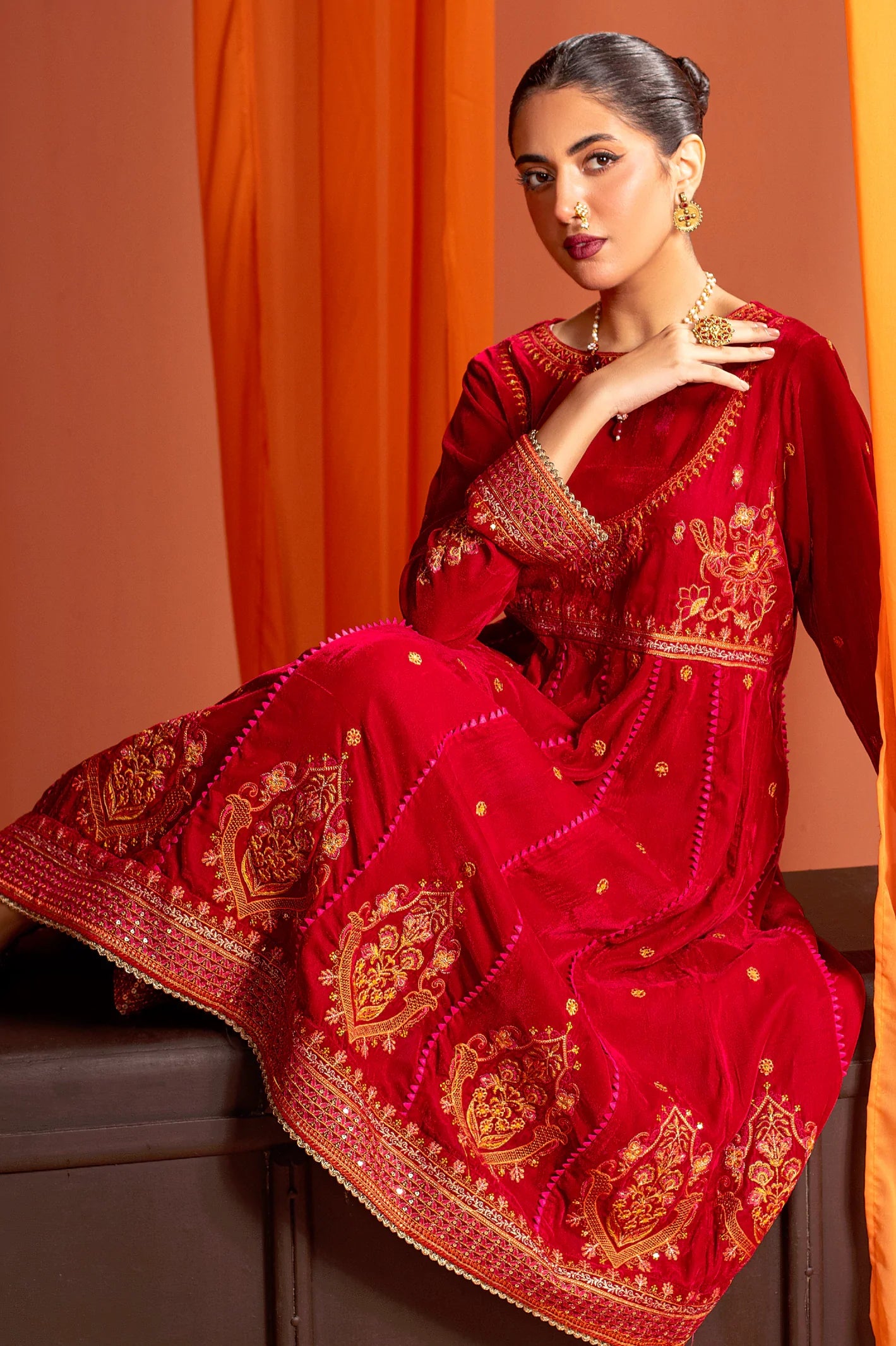 Red Embroidered Ready To Wear Kurti