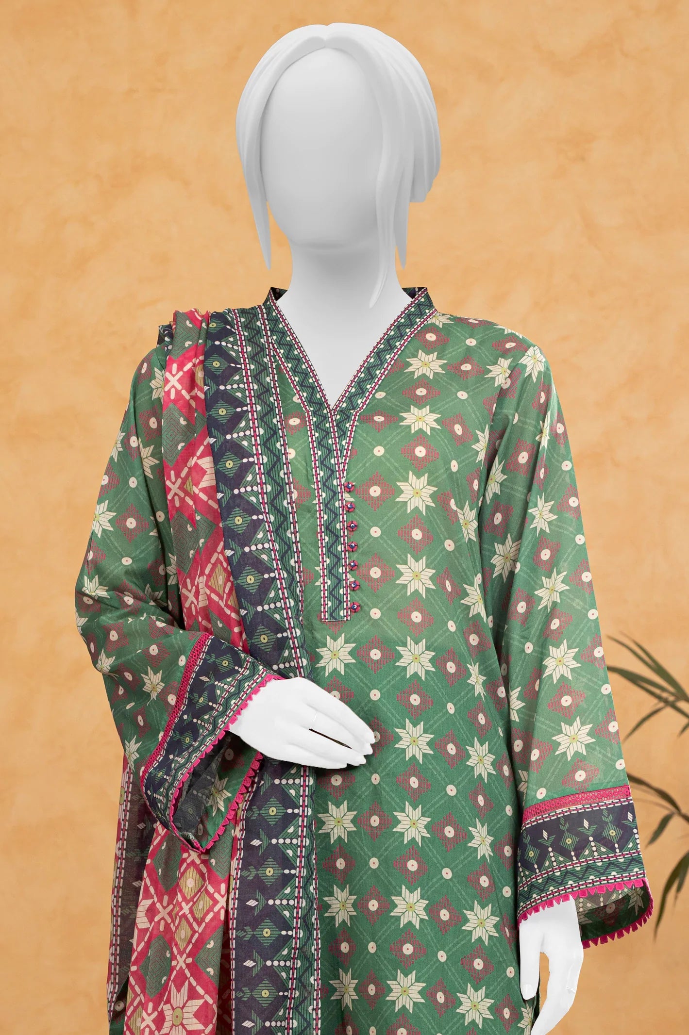 Green Printed Unstitched Shirt & Dupatta From Sohaye By Diners