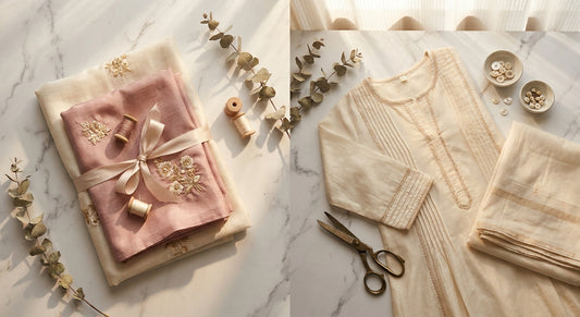 A flat lay comparison of unstitched embroidered fabric and a finished ready-to-wear kurta arranged side by side on a marble surface in soft, warm lighting.