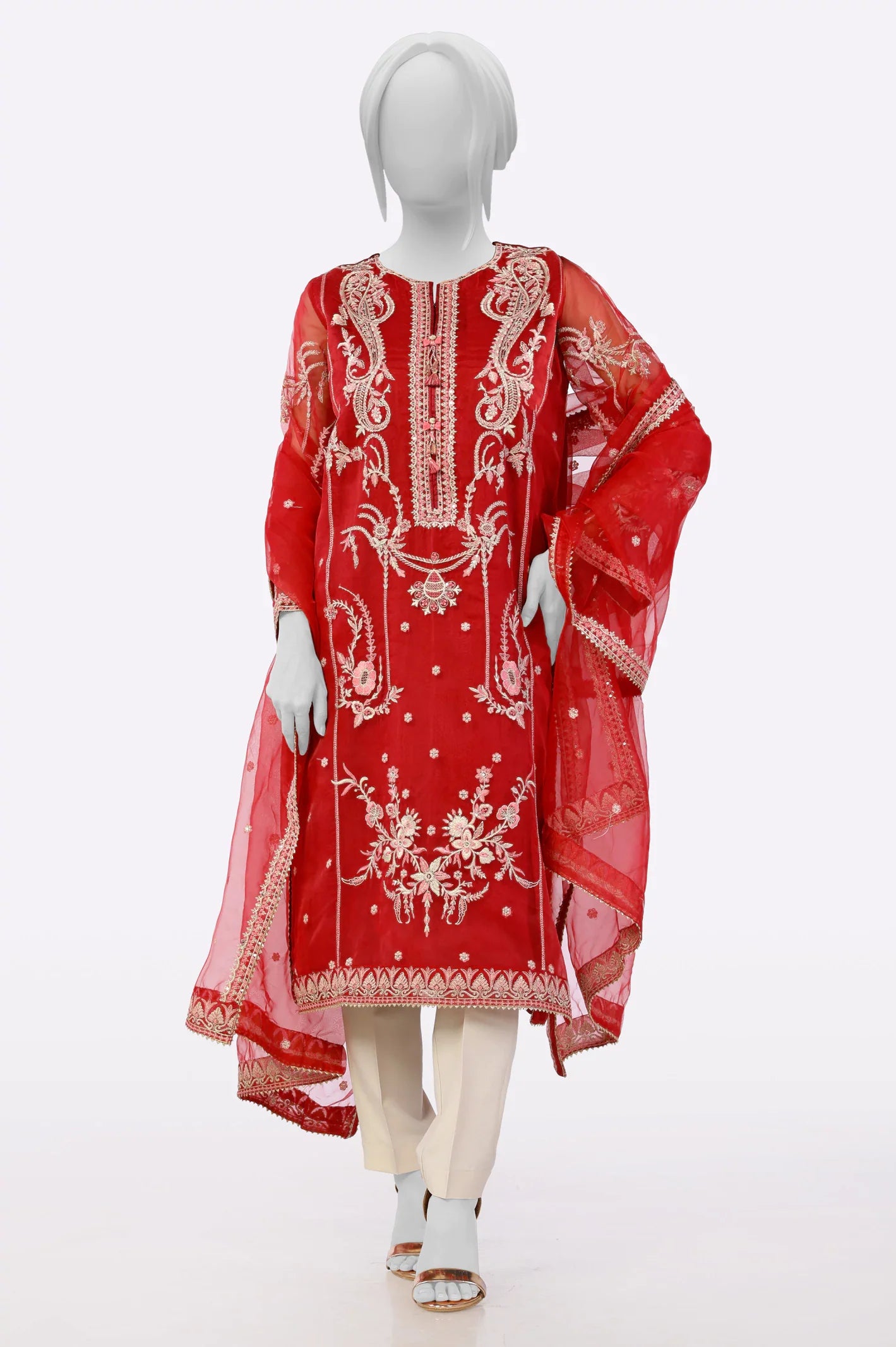 Red Embroidered Kurti With Dupatta From Sohaye By Diners