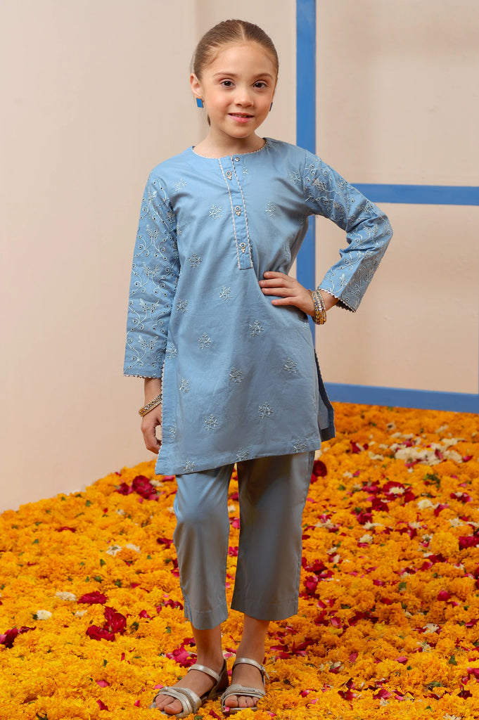 Light Blue Embroidered Girls Kurti