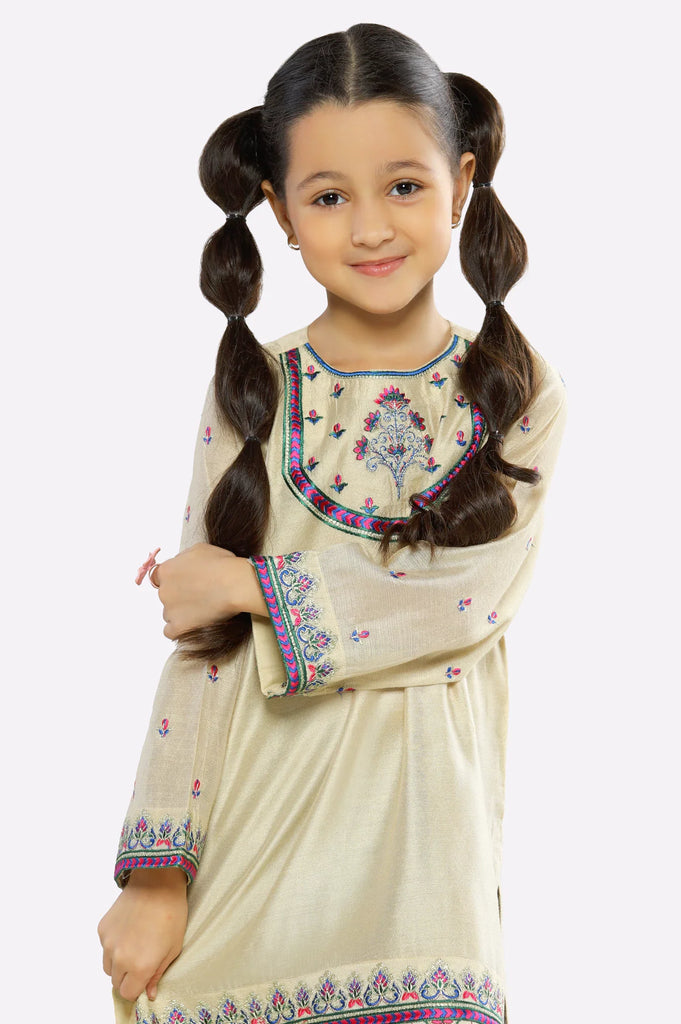 Beige Embroidered Girls Kurti