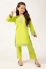 Parrot Green Embroidered Girls 2PC