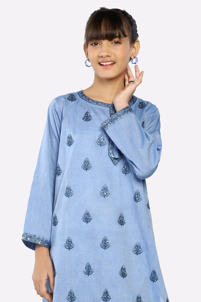 Blue Embroidered Girls Kurti