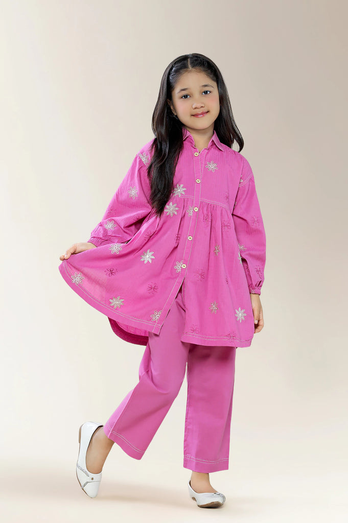 Embroidered Jacquard Pink Girls 2PC