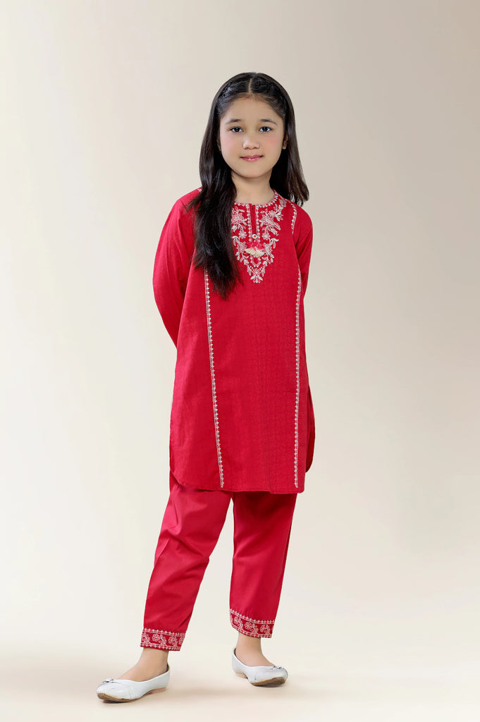 Embroidered Cambric Red Girls 2PC