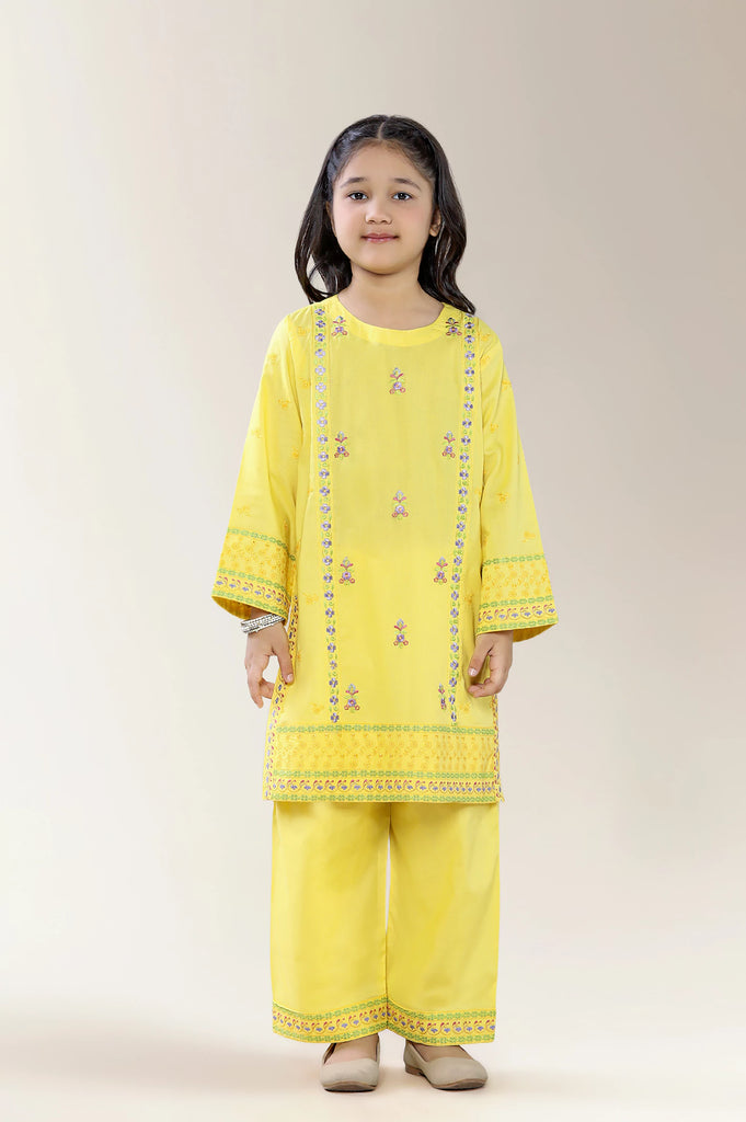 Embroidered Cambric Yellow Girls 2PC