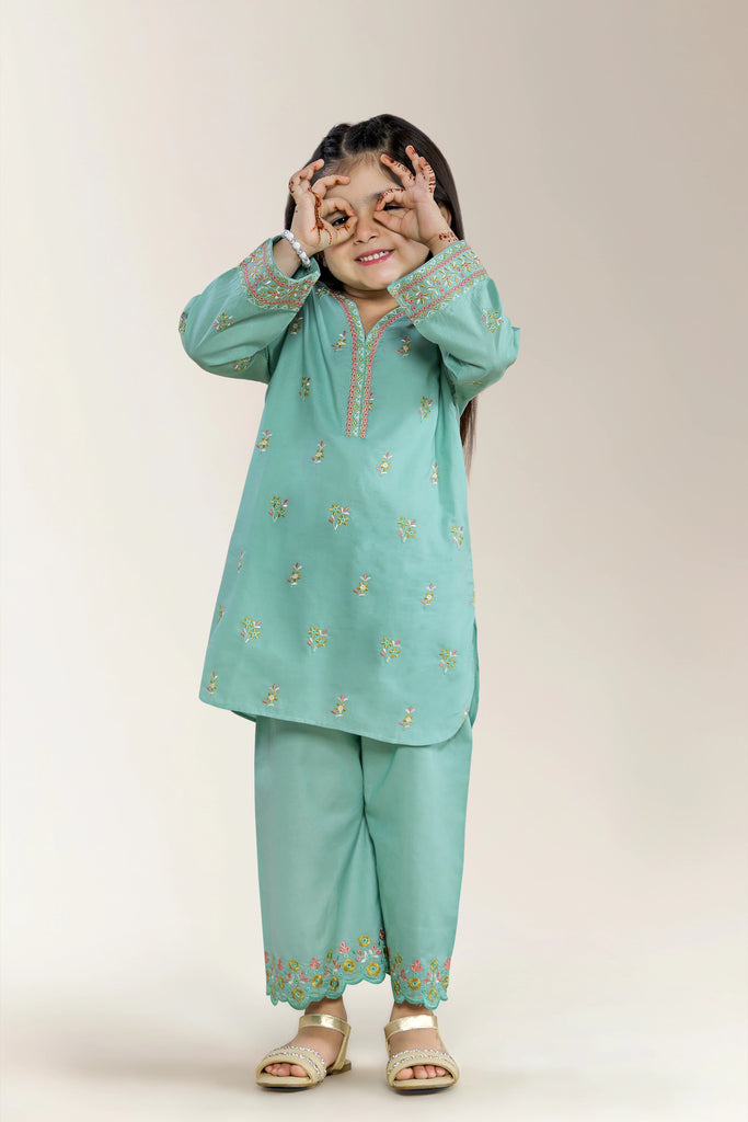 Embroidered Cambric Blue Girls 2PC