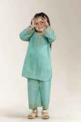 Embroidered Cambric Blue Girls 2PC
