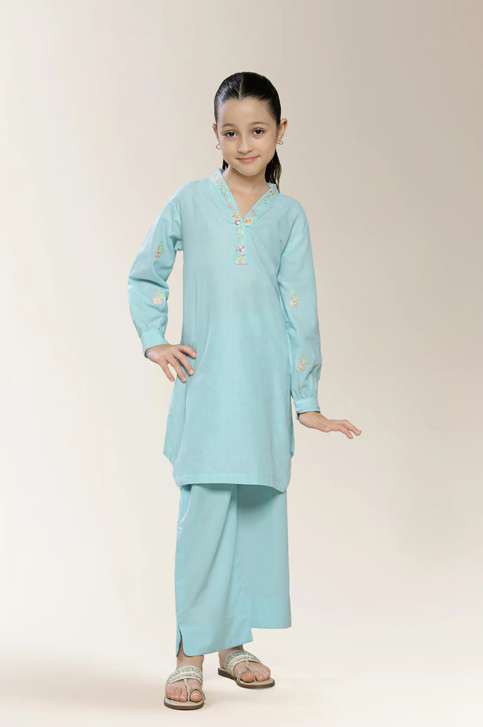 Embroidered Sky Blue Girls 2PC