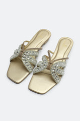Golden Crystal Bow Slides Slippers