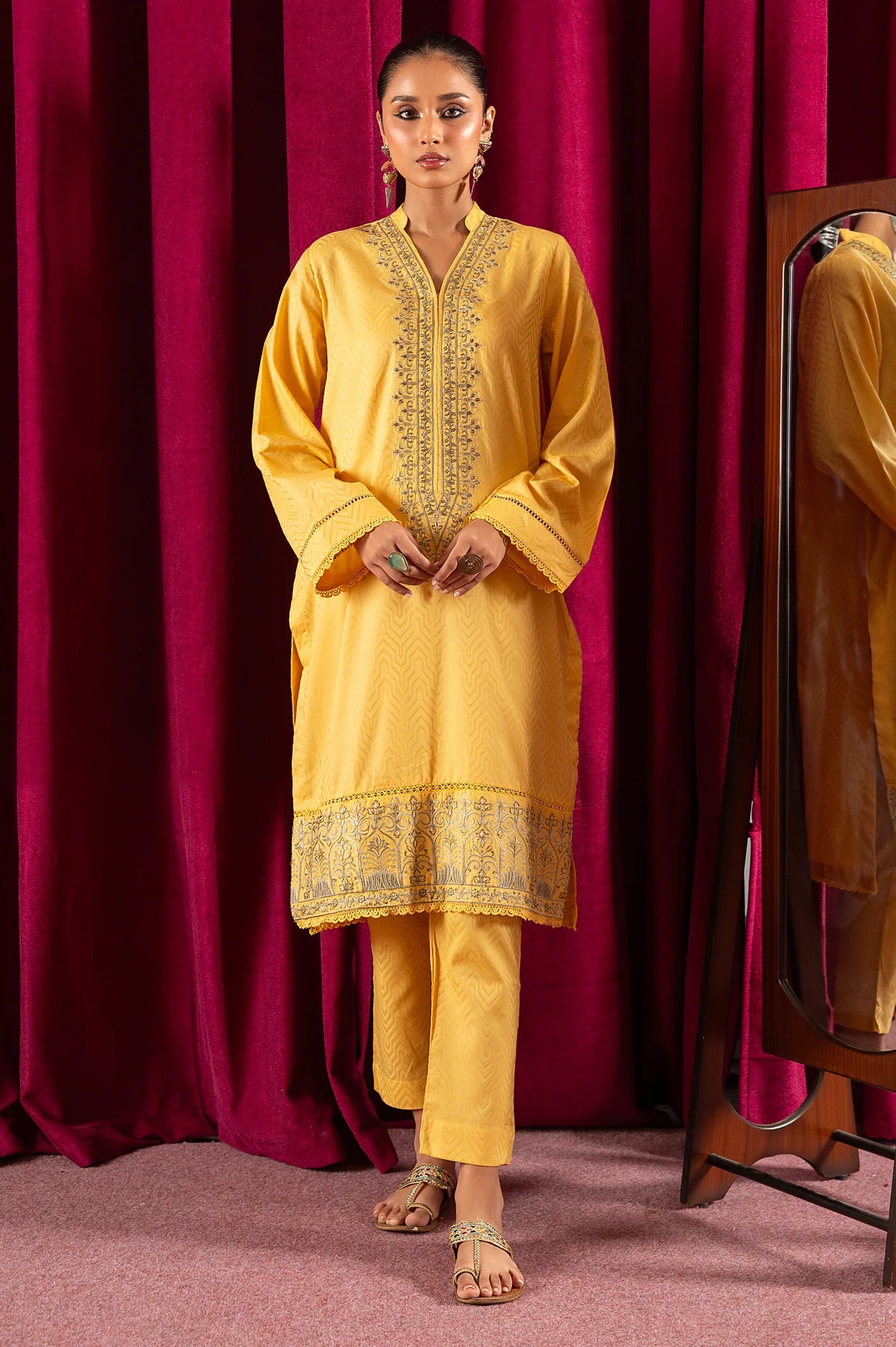 2PC Yellow Embroidered Suit - Diners