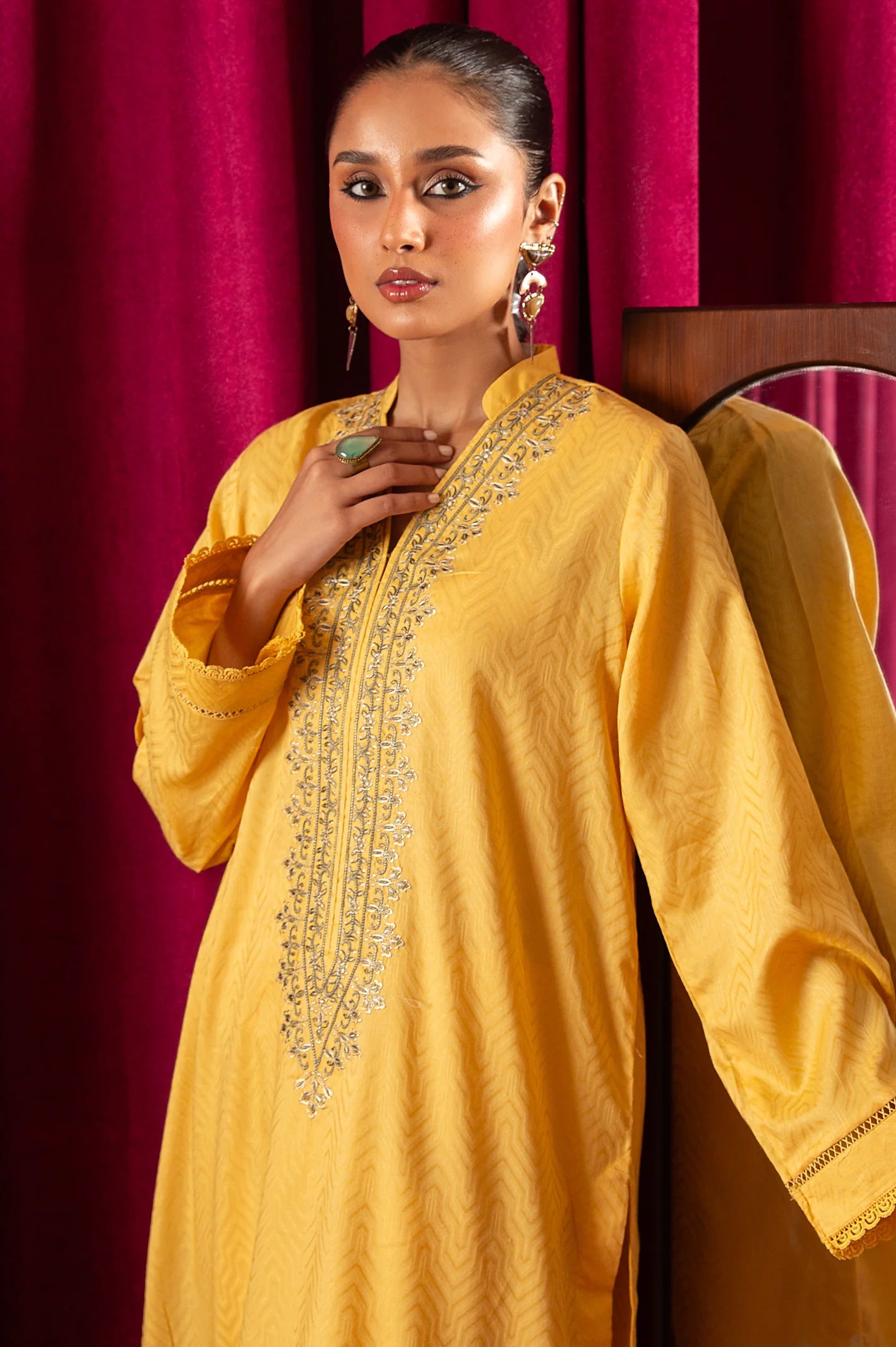 2PC Yellow Embroidered Suit - Diners