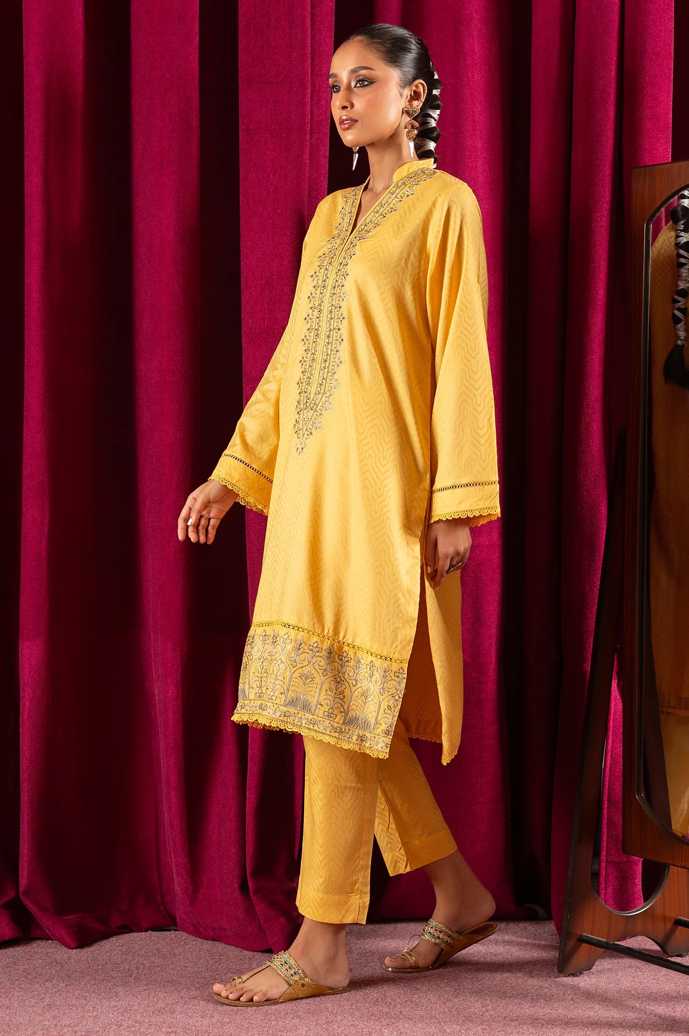 2PC Yellow Embroidered Suit - Diners