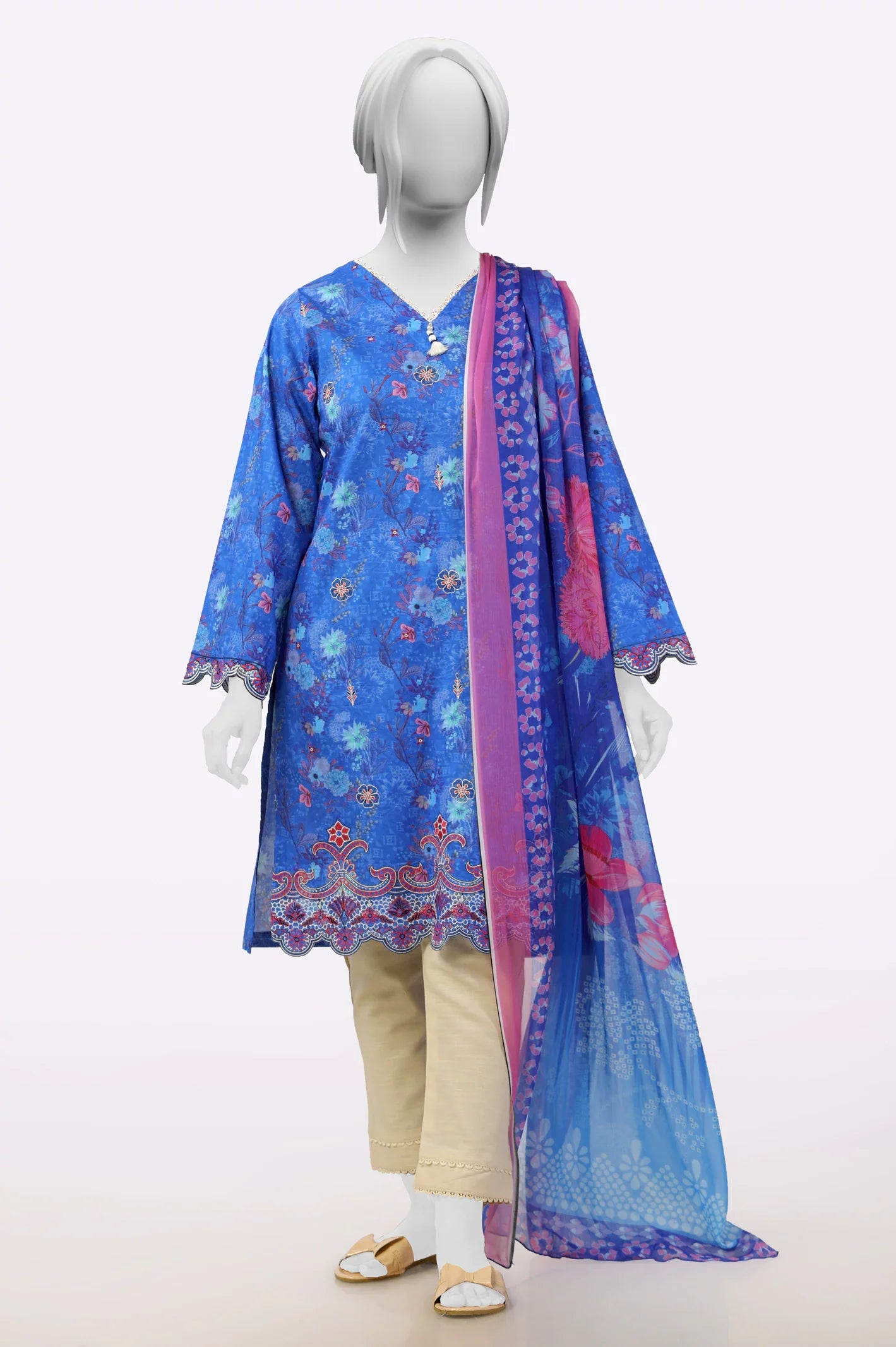 Blue Printed Embroidered Kurti With Dupatta