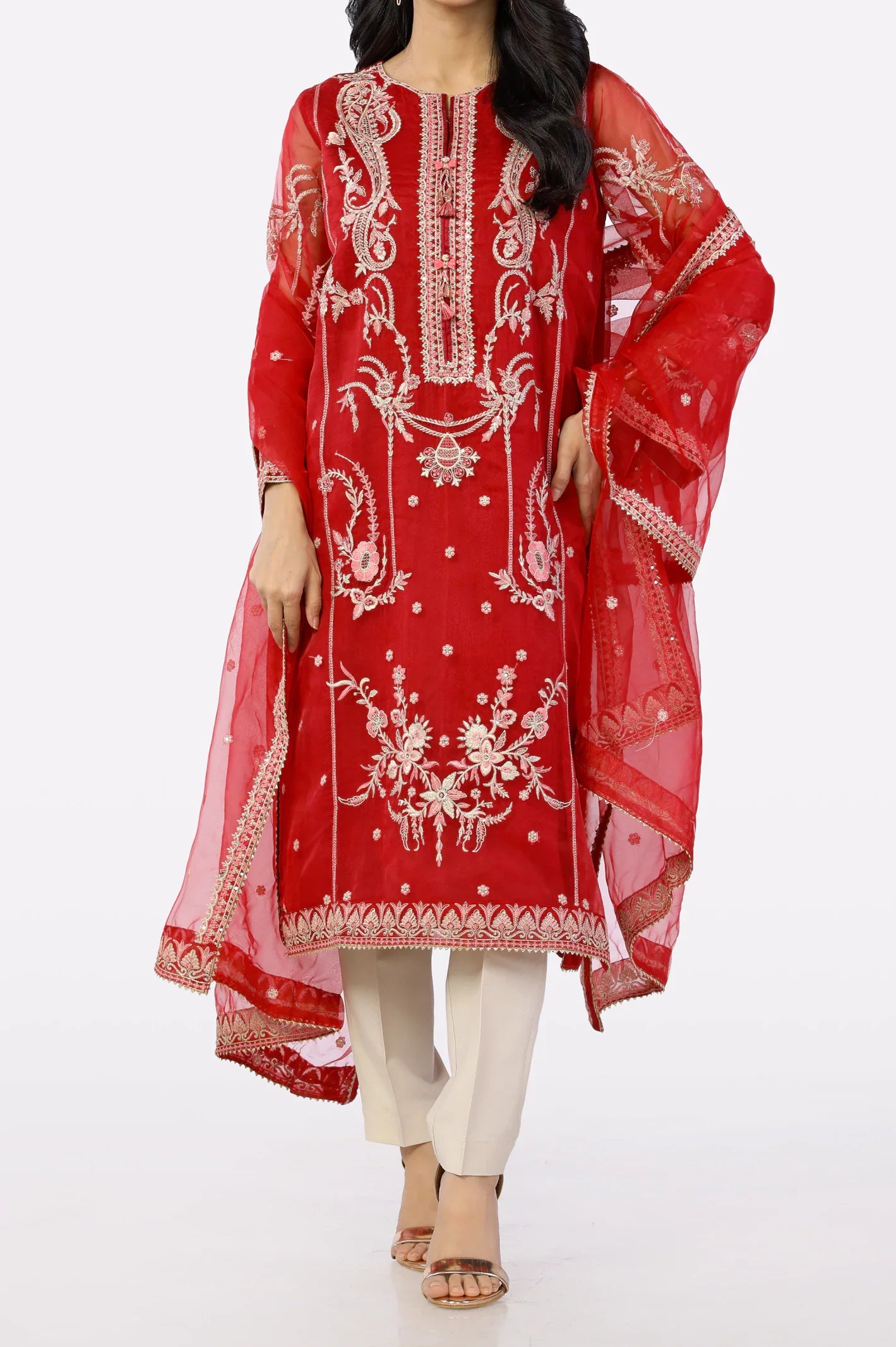 Red Embroidered Kurti With Dupatta From Sohaye By Diners