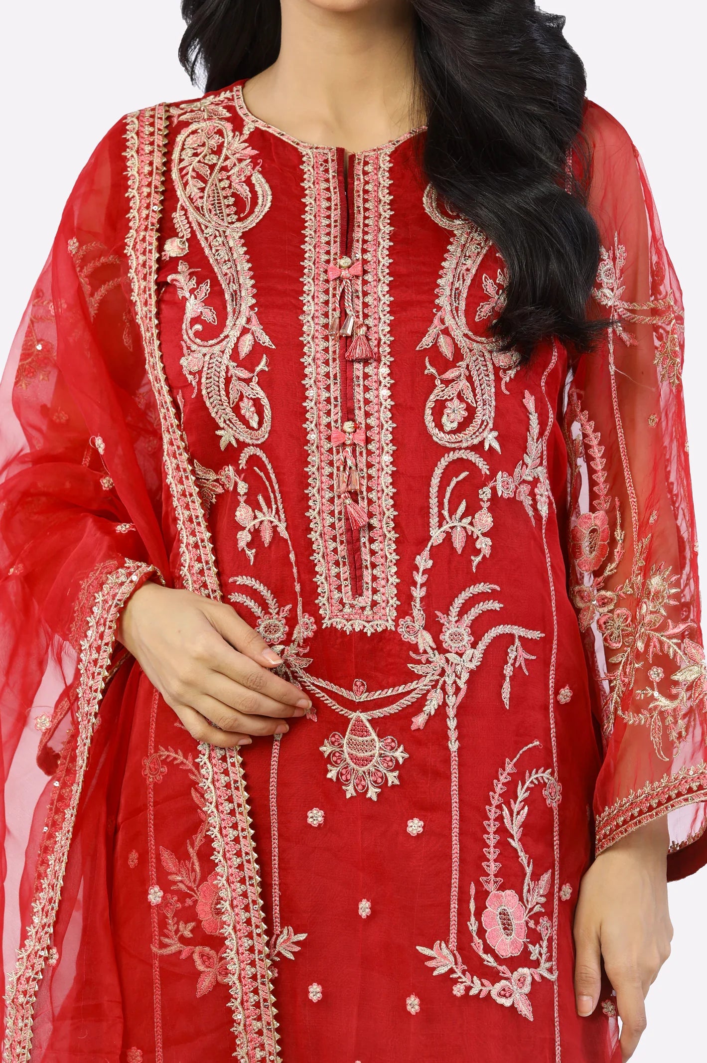 Red Embroidered Kurti With Dupatta From Sohaye By Diners