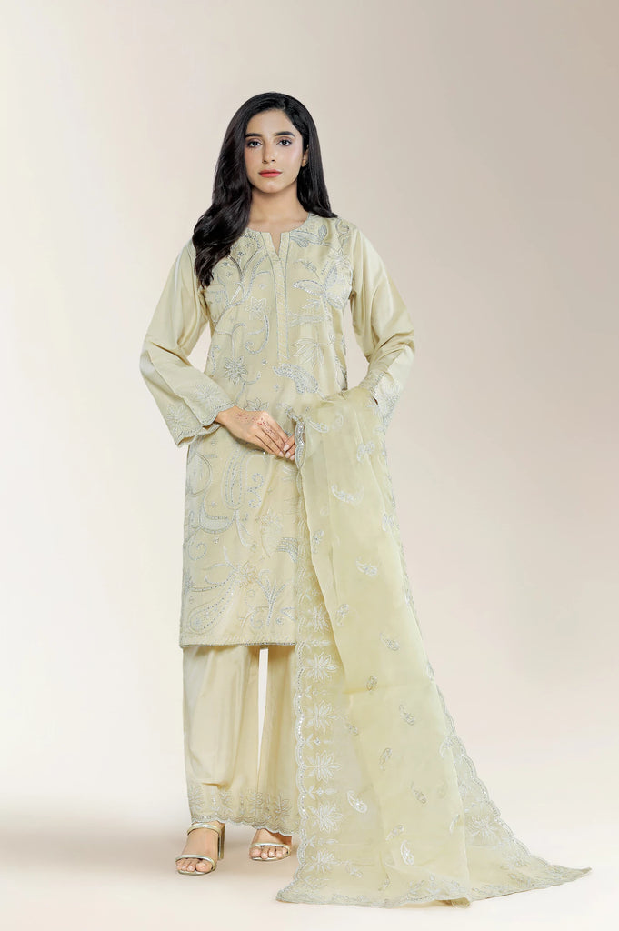 Embroidered Cotton Silk Beige 3PC