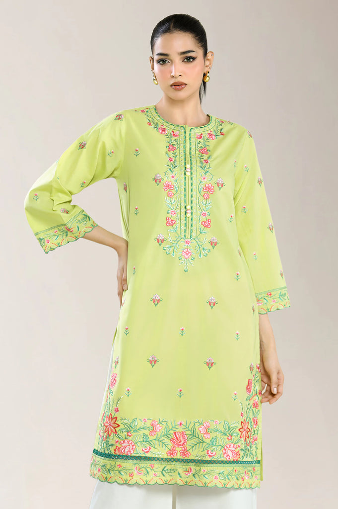 Dyed Embroidered Cambric Parrot Green Shirt