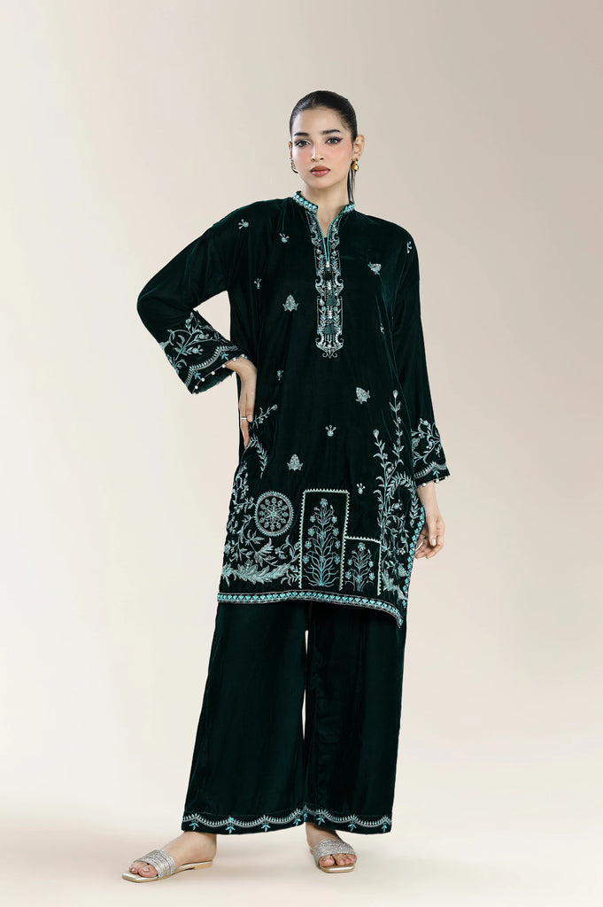 Dyed Embroidered Velvet Bottle Green 2Pc