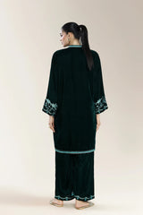 Dyed Embroidered Velvet Bottle Green 2Pc