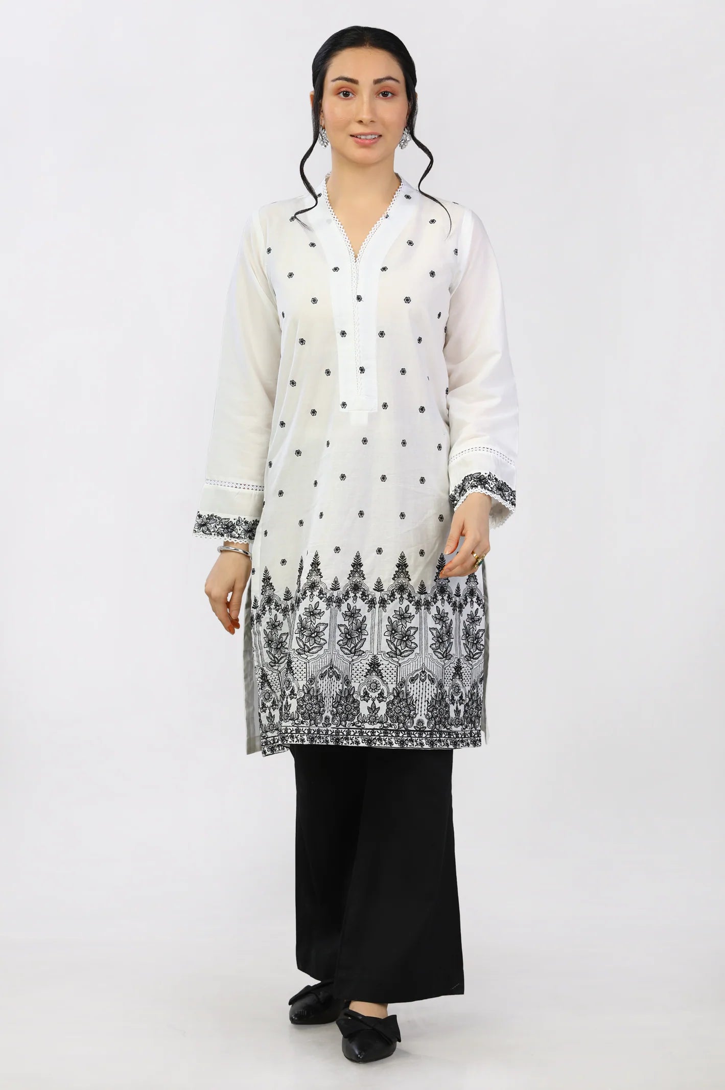 White Dyed Embroidered Kurti - Diners