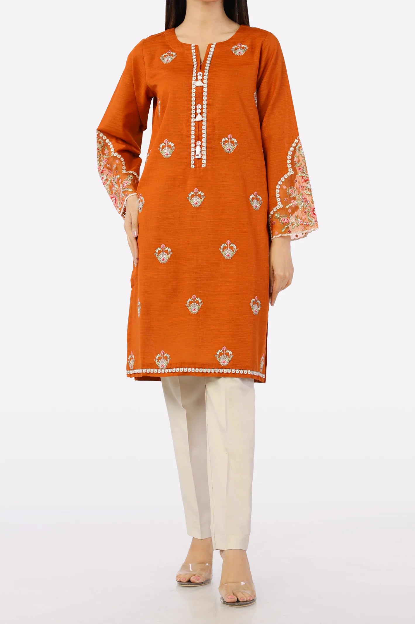 Rust Embroidered Kurti From Sohaye By Diners