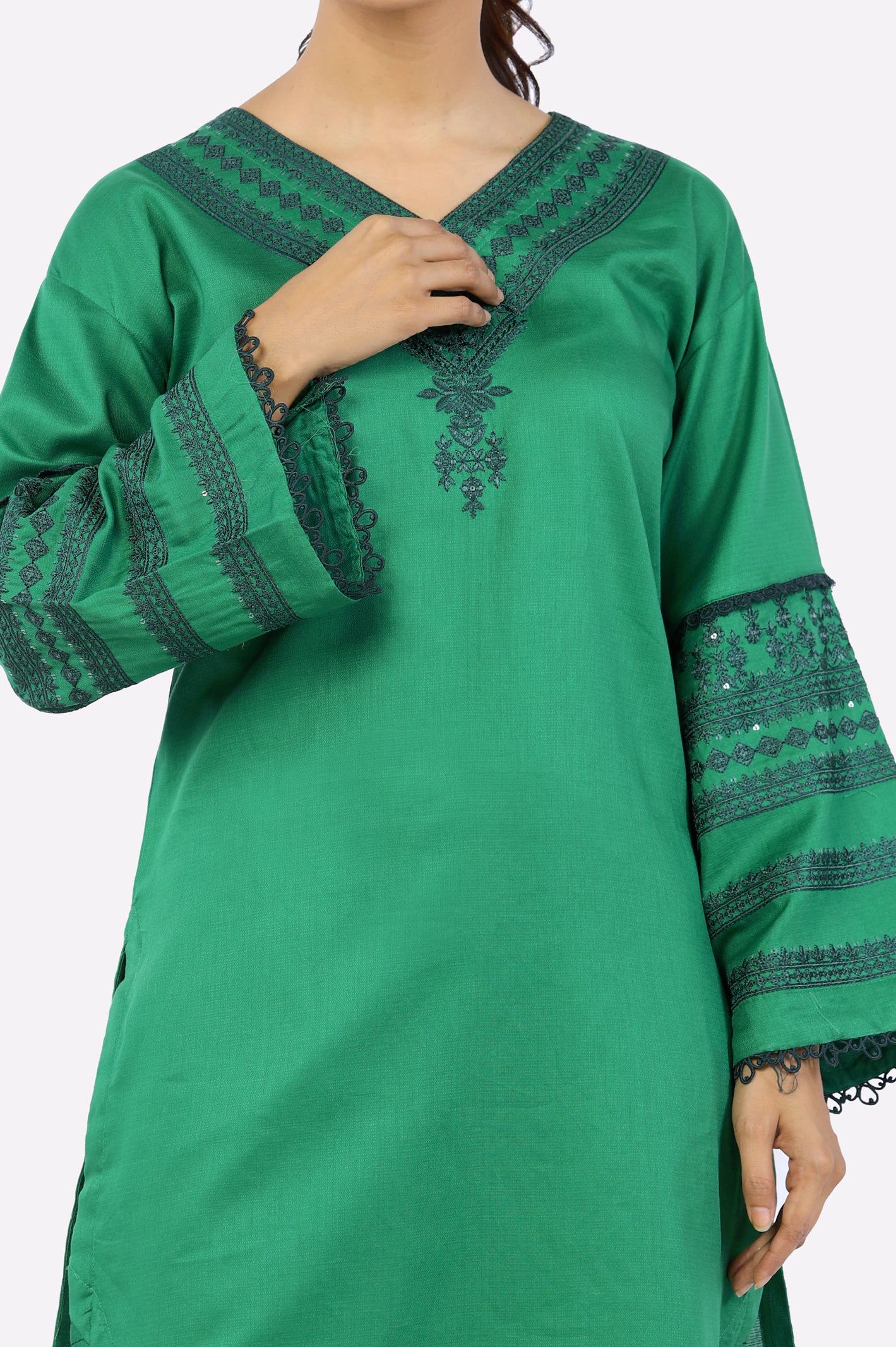 Womens Embroidered Ready To Wear Dark Green Kurti