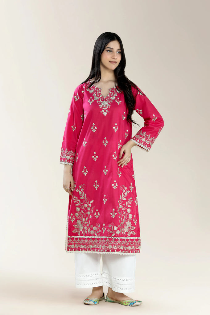 Embroidered Solid Cambric Pink Shirt