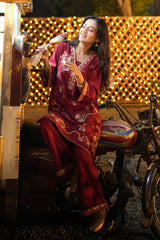 Embroidered Raw Silk Red 2PC