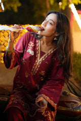 Embroidered Raw Silk Red 2PC