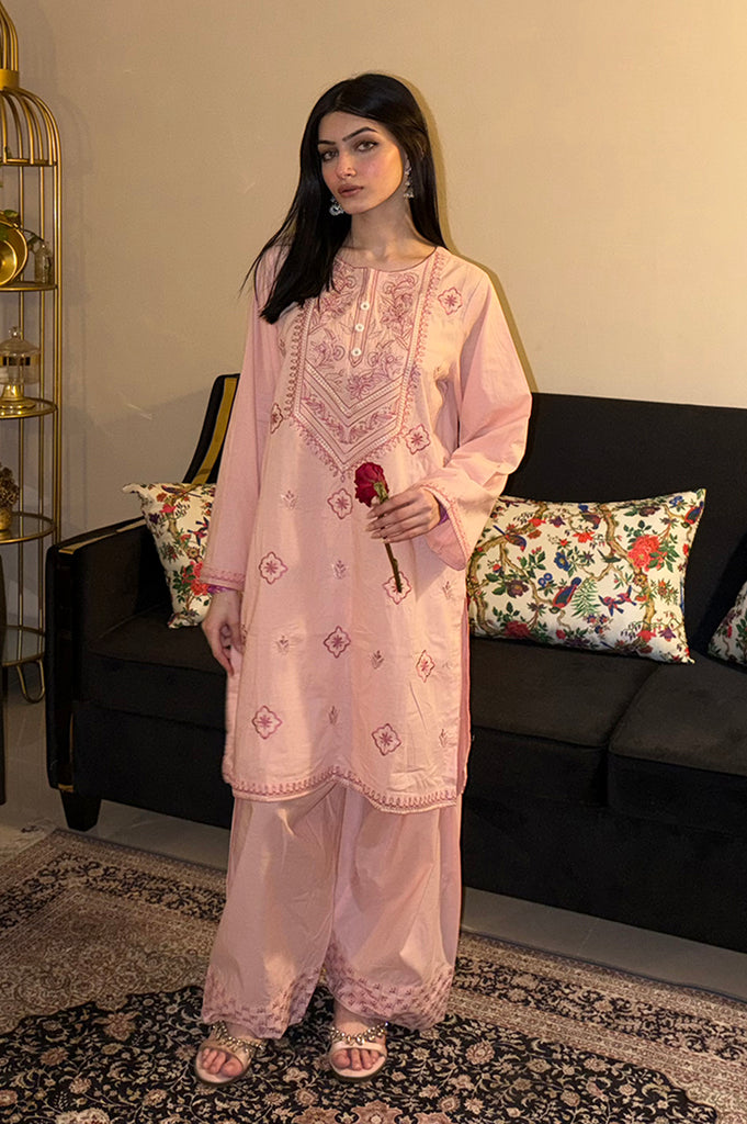 Embroidered Cotton Pink 2PC