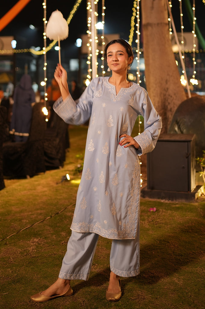 Embroidered Cotton Ice Blue 2PC