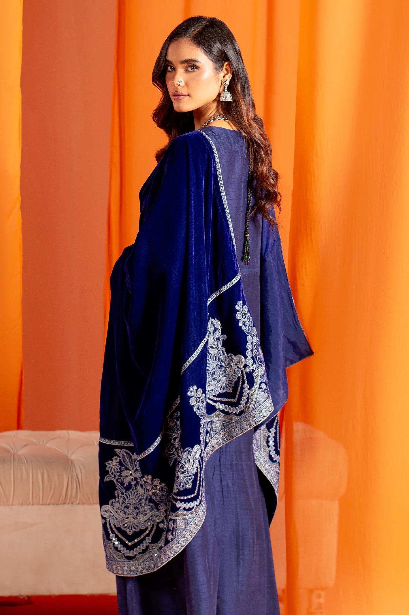 Royal Blue Embroidered Velvet Ladies Shawl From Sohaye By Diners