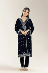 Embroidered Solid Velvet Navy Blue Teens 2Pc