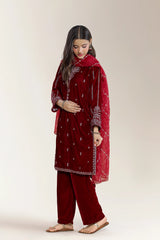 Embroidered Velvet Maroon Teens 3PC