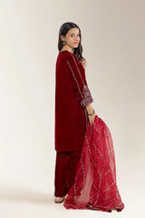 Embroidered Velvet Maroon Teens 3PC