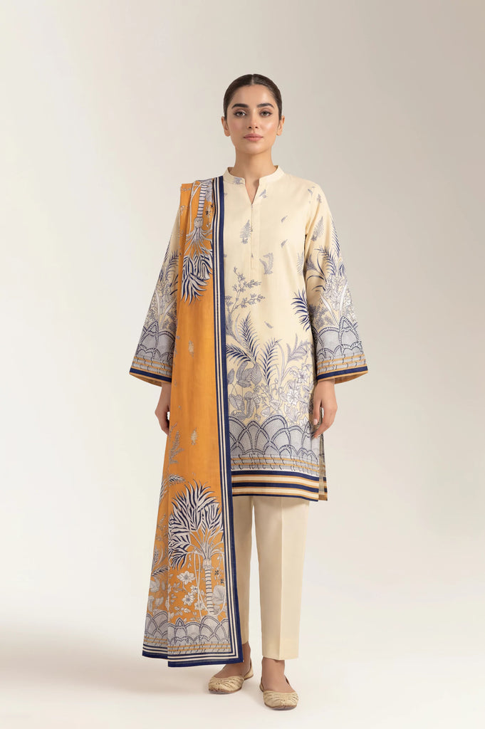 Printed Lawn Beige Unstitched 3Pc